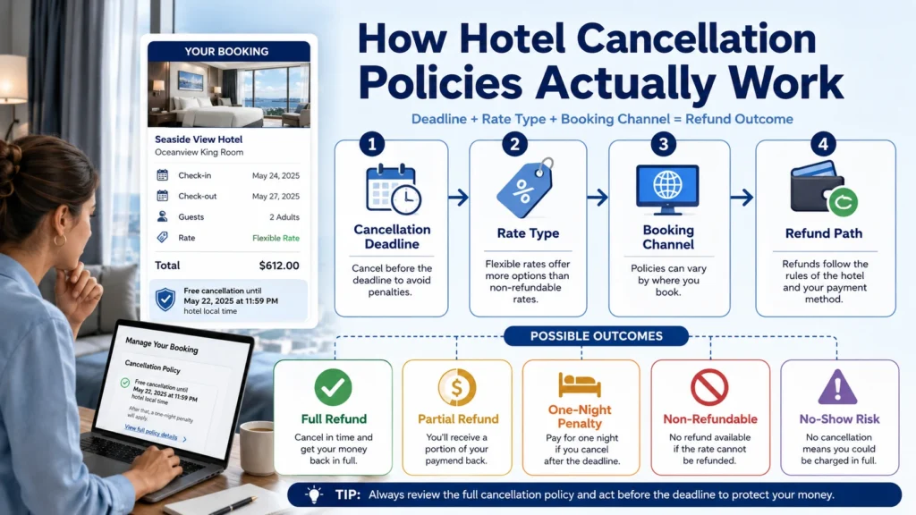 Infographic showing how hotel cancellation policies depend on the cancellation deadline, rate type, booking channel, and refund path.