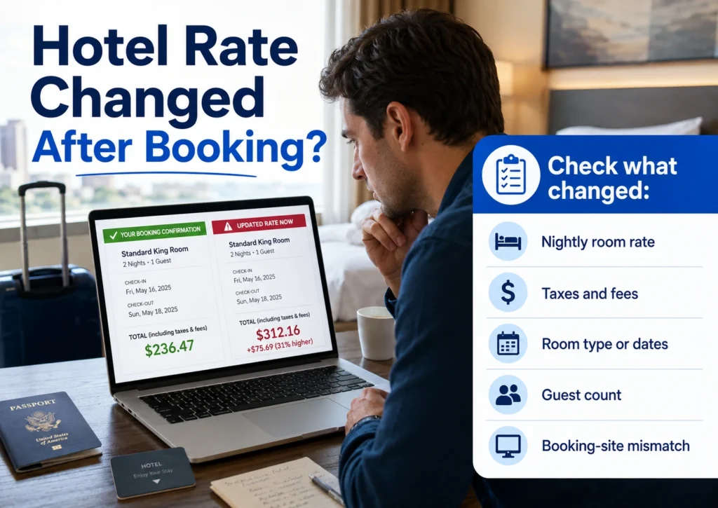 Traveler looking at a laptop comparing a hotel booking confirmation with a higher updated rate after booking.