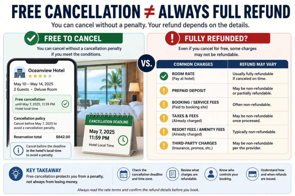 Infographic explaining that hotel free cancellation may let travelers cancel without a penalty, but refunds can still depend on prepaid deposits, booking fees, taxes, resort fees, third-party charges, deadlines, and refund rules.