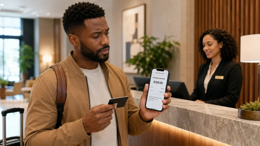 Traveler checking a phone at a hotel front desk after seeing a pending incidental hold on their card