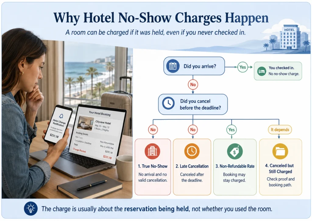 Infographic explaining why hotel no-show charges happen when a room is held, a guest does not arrive, or a reservation is not canceled before the deadline.