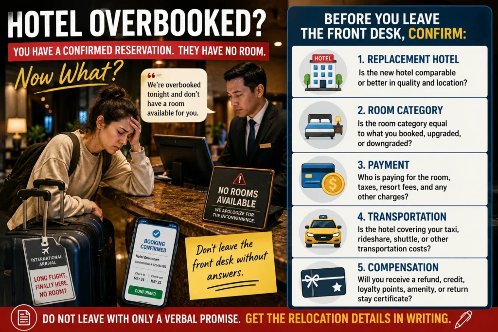 Frustrated traveler at a hotel front desk after an international arrival, with checklist reminders to confirm replacement hotel, room category, payment, transportation, and compensation.