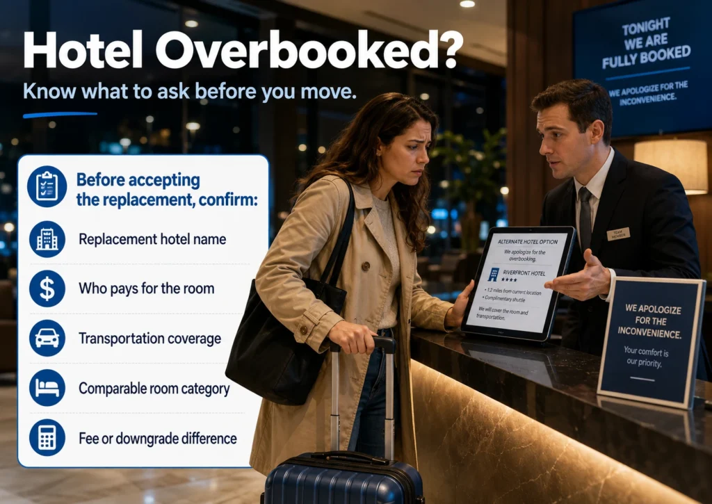 Traveler at a hotel front desk with luggage being told the hotel is overbooked while a checklist shows what to confirm before accepting a replacement hotel.