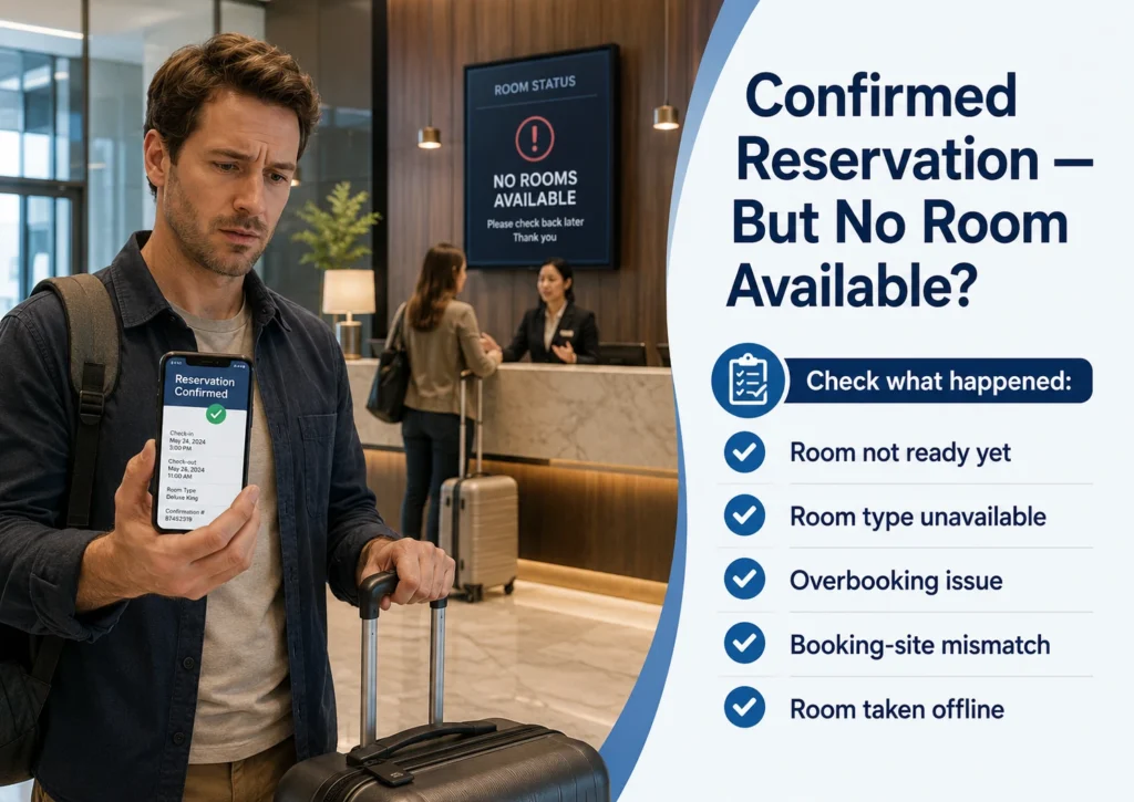 Traveler in a hotel lobby showing a confirmed reservation while a room status board says no rooms are available.