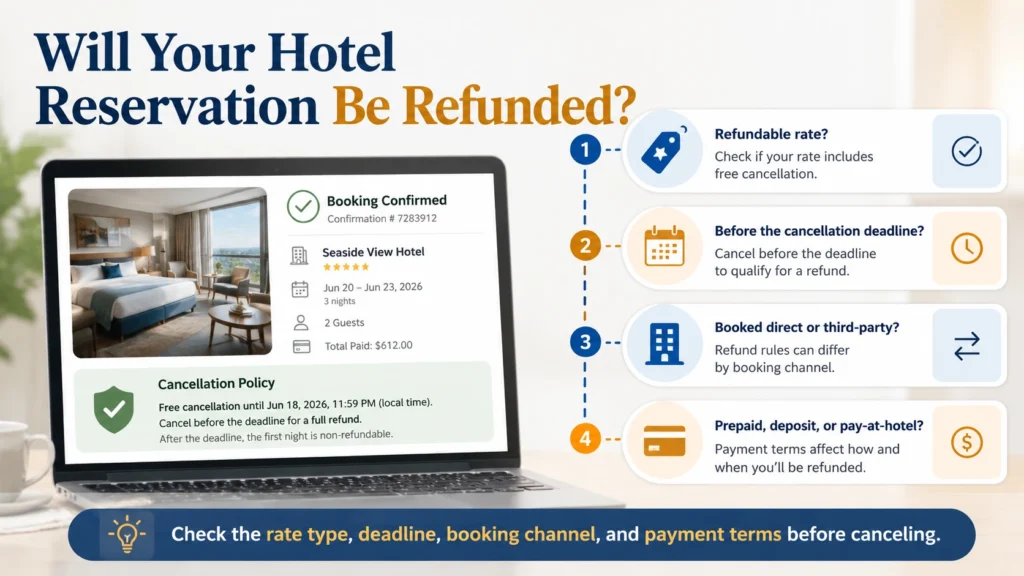 Hotel booking confirmation with refund checklist showing rate type, cancellation deadline, booking channel, and payment terms to check before canceling a reservation.