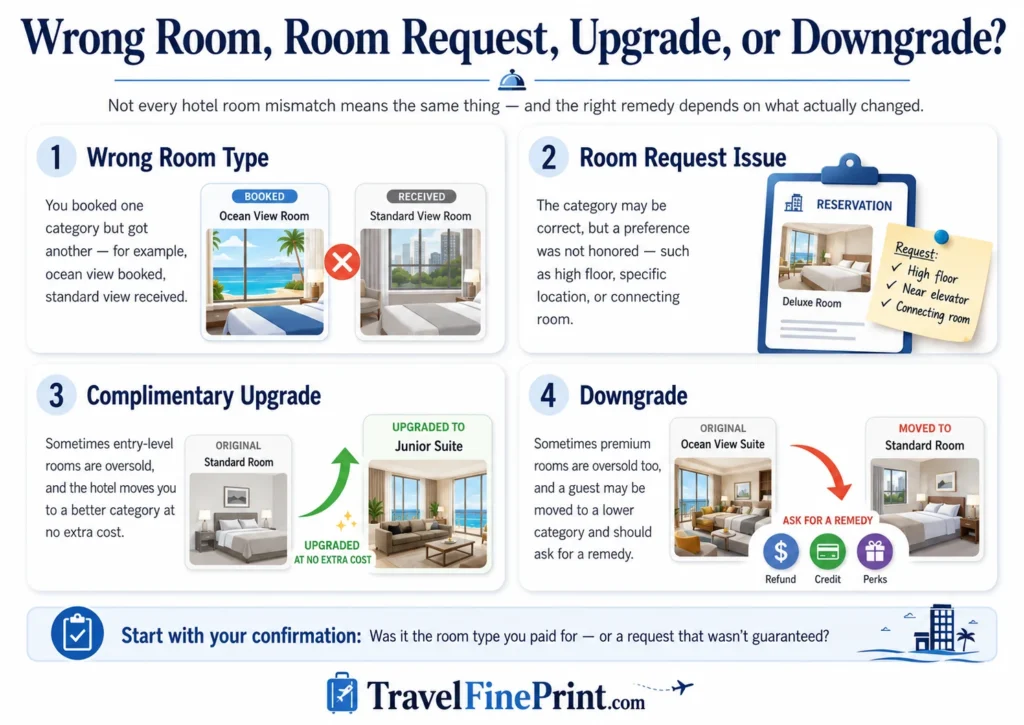 Infographic explaining the difference between a wrong hotel room type, an unfulfilled room request, a complimentary upgrade, and a room downgrade.