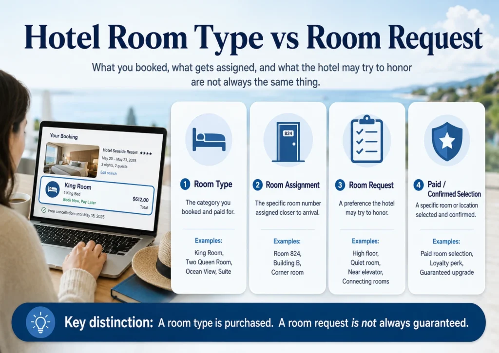 Infographic explaining the difference between a hotel room type, room assignment, room request, and paid or confirmed room selection.
