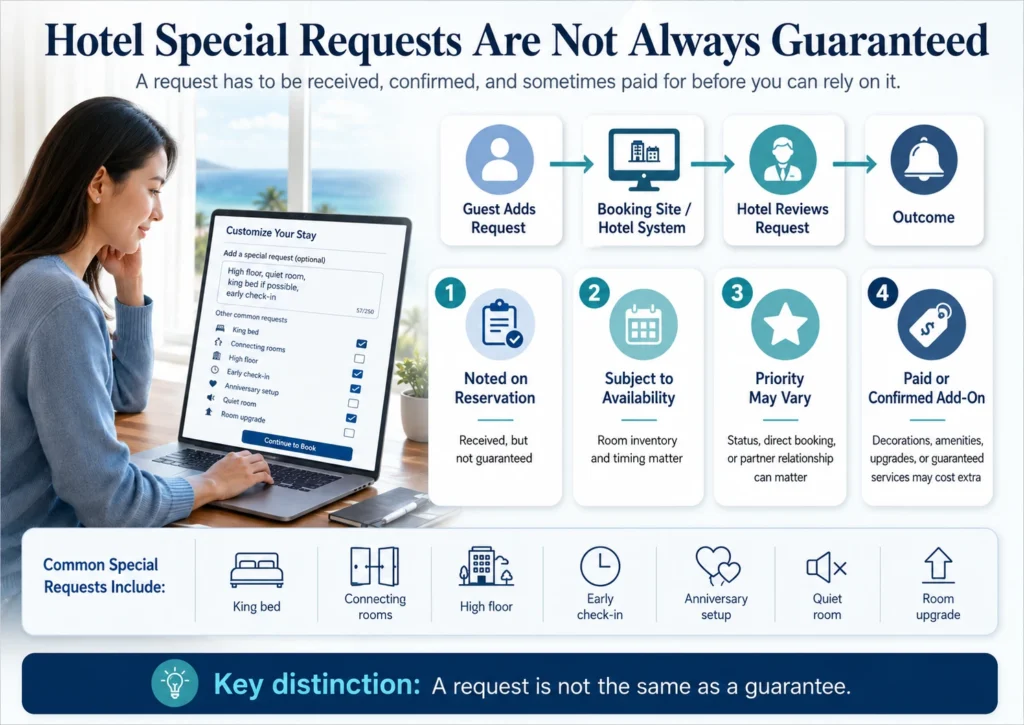 Infographic showing how hotel special requests move from guest request to booking system, hotel review, and possible outcomes such as noted, subject to availability, priority-based, or paid add-on.