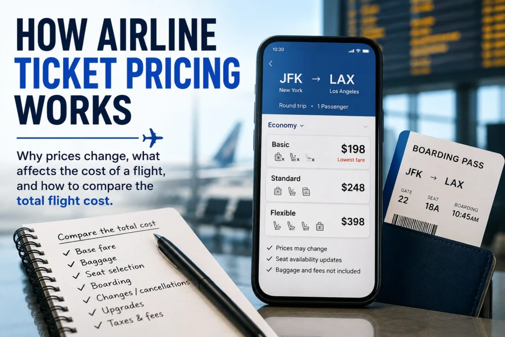 Infographic showing airline fare options, baggage, seat selection, boarding, taxes, fees, and total flight cost when comparing airline ticket prices.