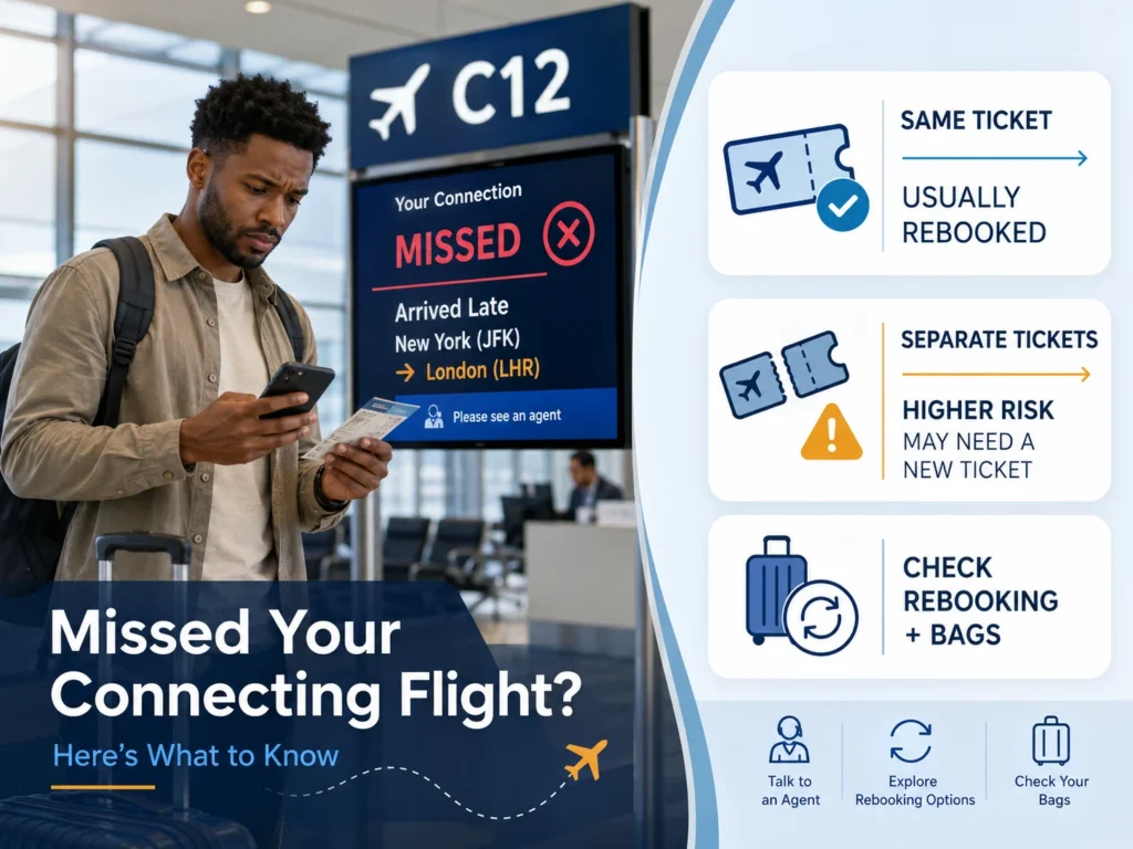 African American traveler at an airport gate after missing a connecting flight, with guidance about same-ticket rebooking, separate-ticket risk, and checking bags.