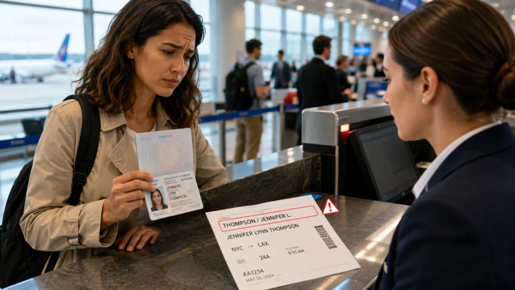 Traveler at an airport check-in counter showing a passport while a boarding pass displays a highlighted name mismatch warning.