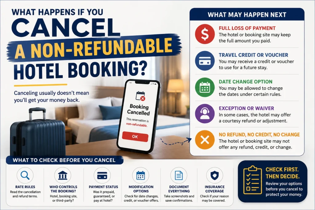 Infographic showing what may happen after canceling a non-refundable hotel booking, including full loss of payment, travel credit, date change option, waiver, or no refund.