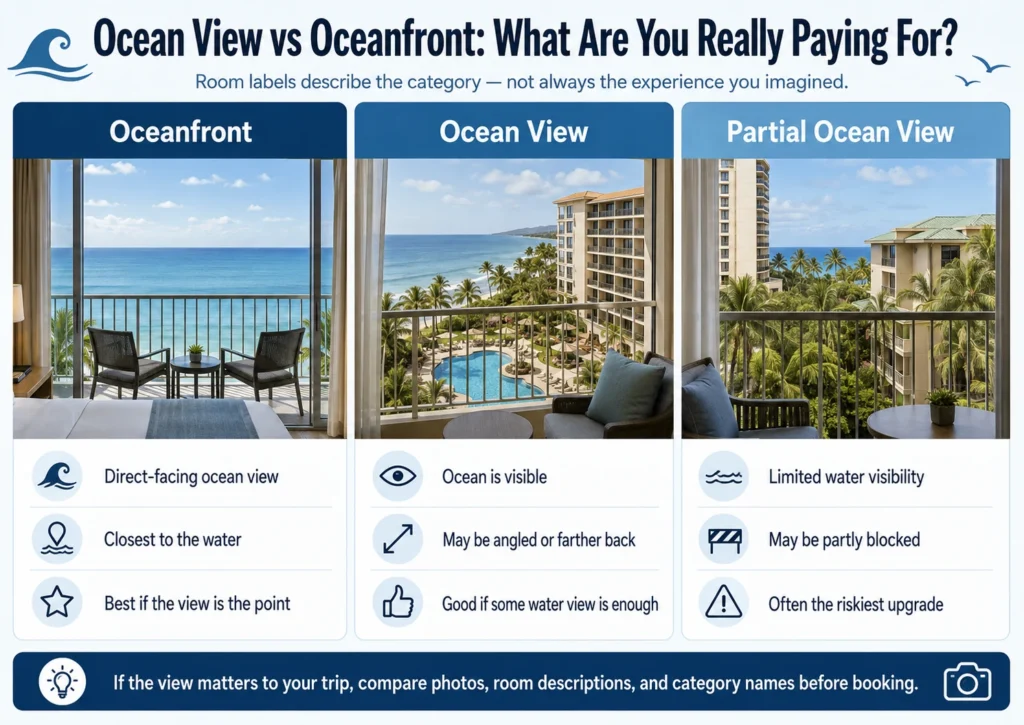 Infographic comparing oceanfront, ocean view, and partial ocean view hotel rooms, showing how each room category can offer different levels of water visibility, distance, angle, and obstruction.