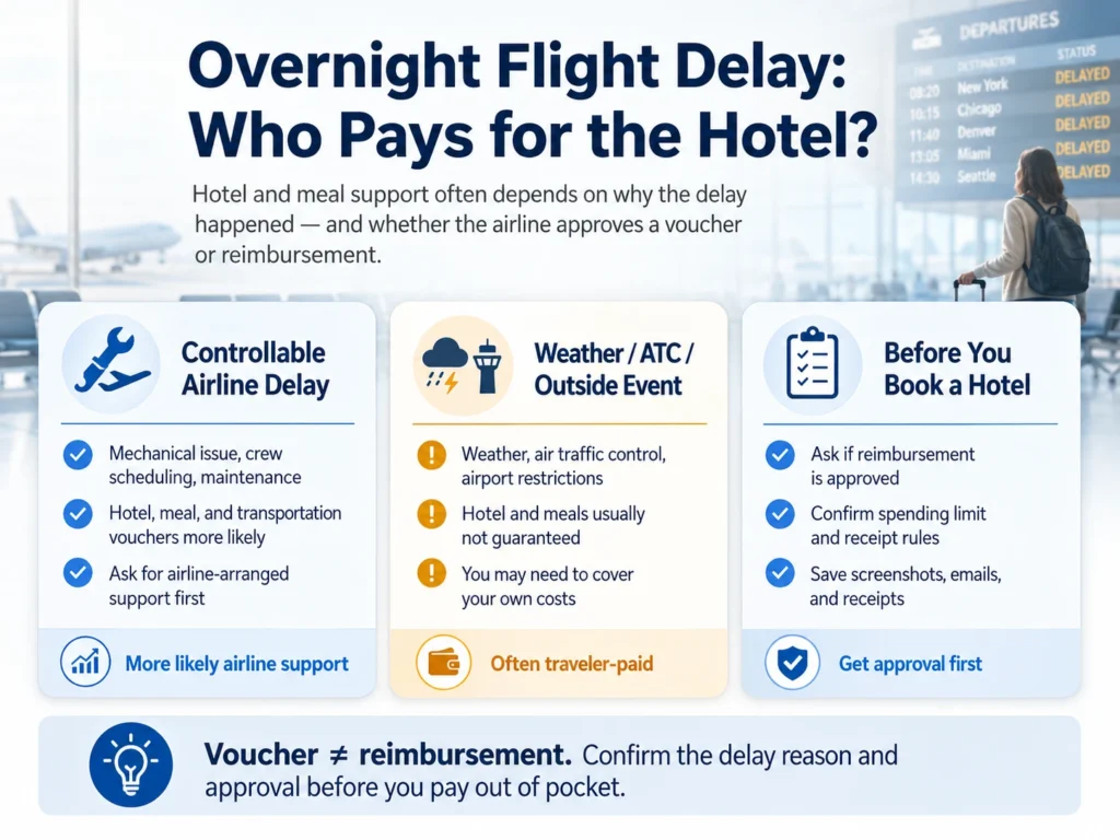 Infographic explaining when airlines may pay for hotels, meals, or transportation during overnight flight delays.