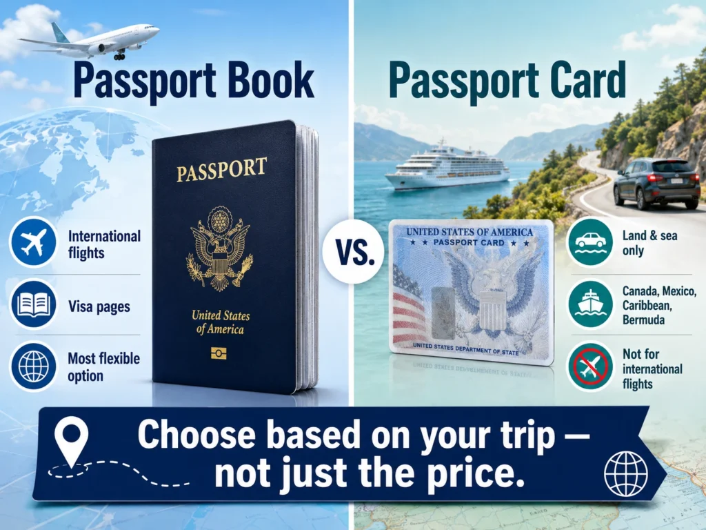 Infographic comparing a U.S. passport book and passport card, showing that passport books work for international flights while passport cards are limited to certain land and sea travel.