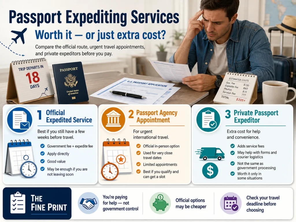 Infographic comparing official expedited passport service, passport agency appointments, and private passport expeditors before paying for rush passport help.