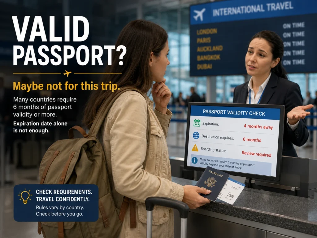 Airport check-in scene showing a passport validity warning that a passport expires in four months while the destination requires six months of validity.