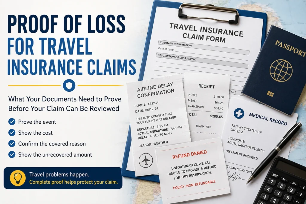 Travel insurance proof of loss infographic with a claim form, passport, airline delay confirmation, receipt, refund denial, medical record, and checklist of documents needed to prove a claim.