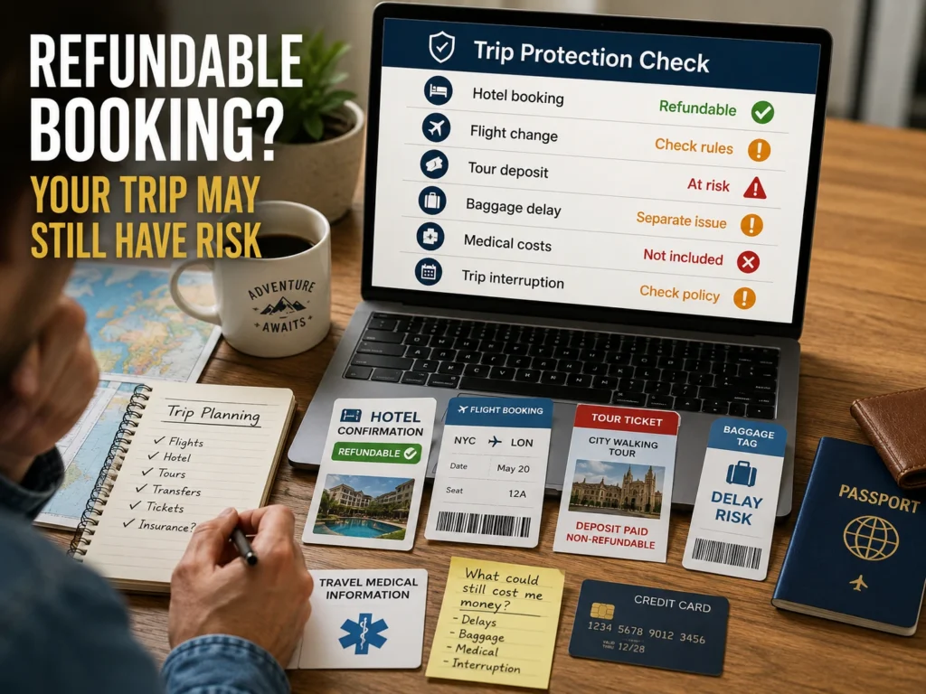 Travel planning desk with a laptop showing a trip protection checklist, including a refundable hotel booking but other risks such as tour deposit, baggage delay, medical costs, and trip interruption.