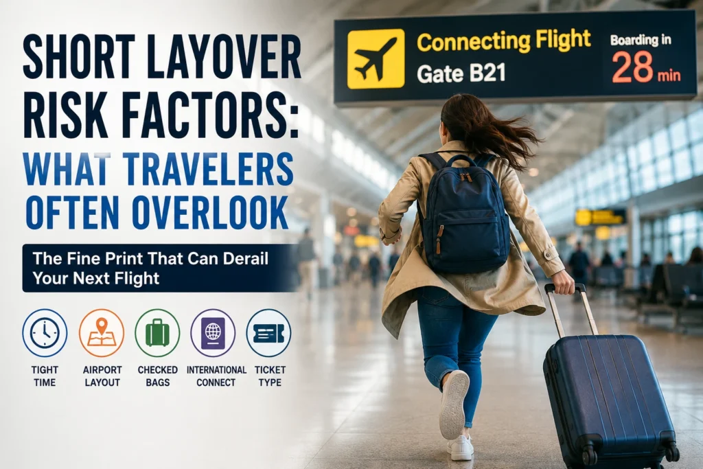 Traveler rushing through an airport terminal toward a connecting flight with short layover risk factors including tight time, airport layout, checked bags, international connection, and ticket type.
