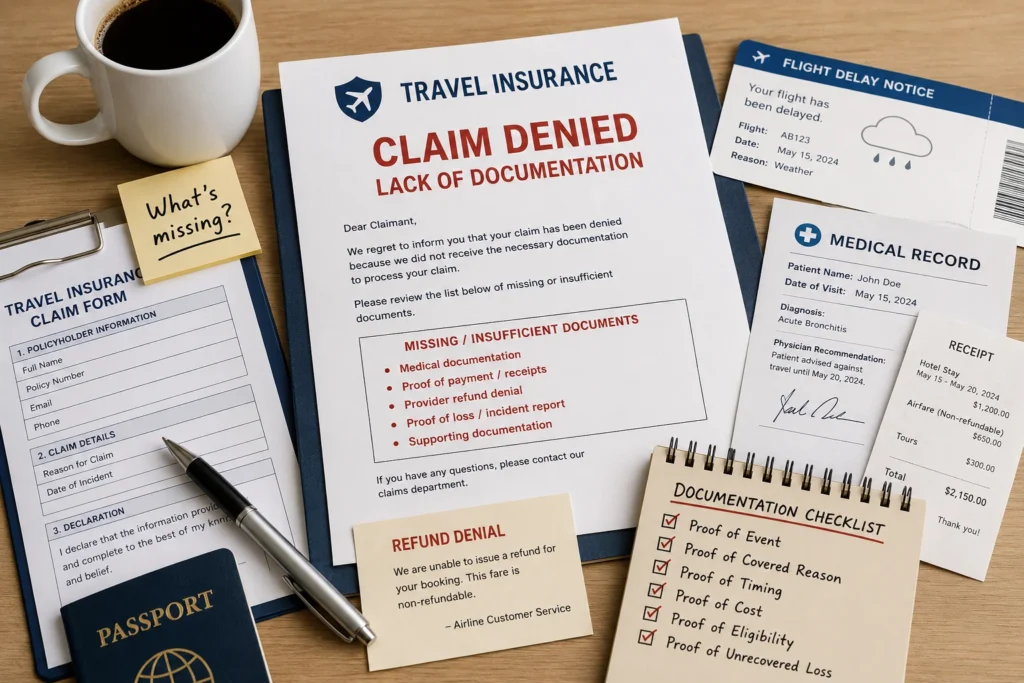 Travel insurance claim denial letter on a desk with missing documentation checklist, receipts, medical record, flight delay notice, refund denial, and proof of loss papers.