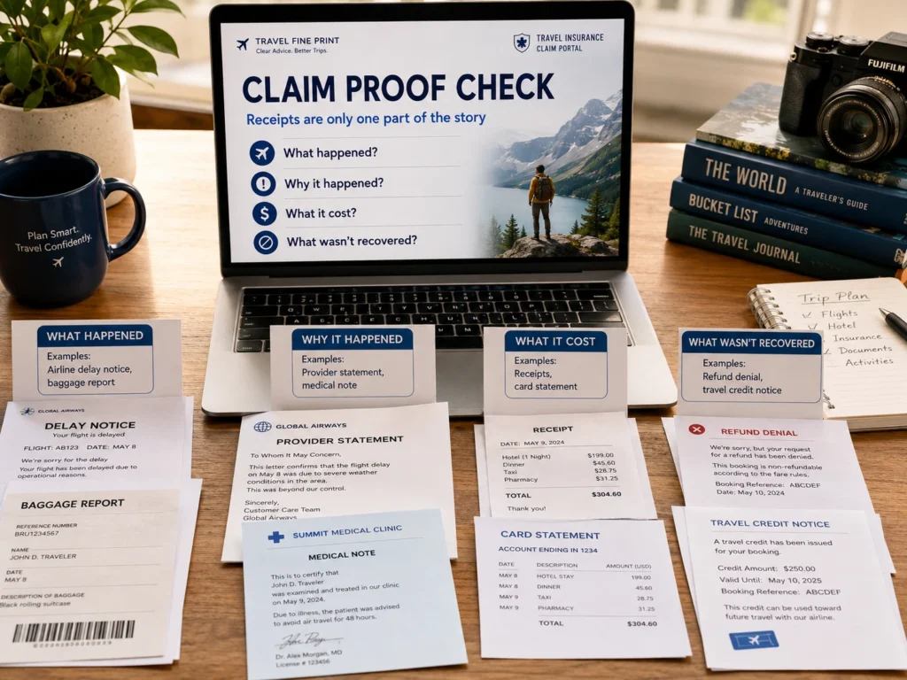 Travel insurance claim proof desk with a laptop checklist and organized documents showing what happened, why it happened, what it cost, and what was not recovered.