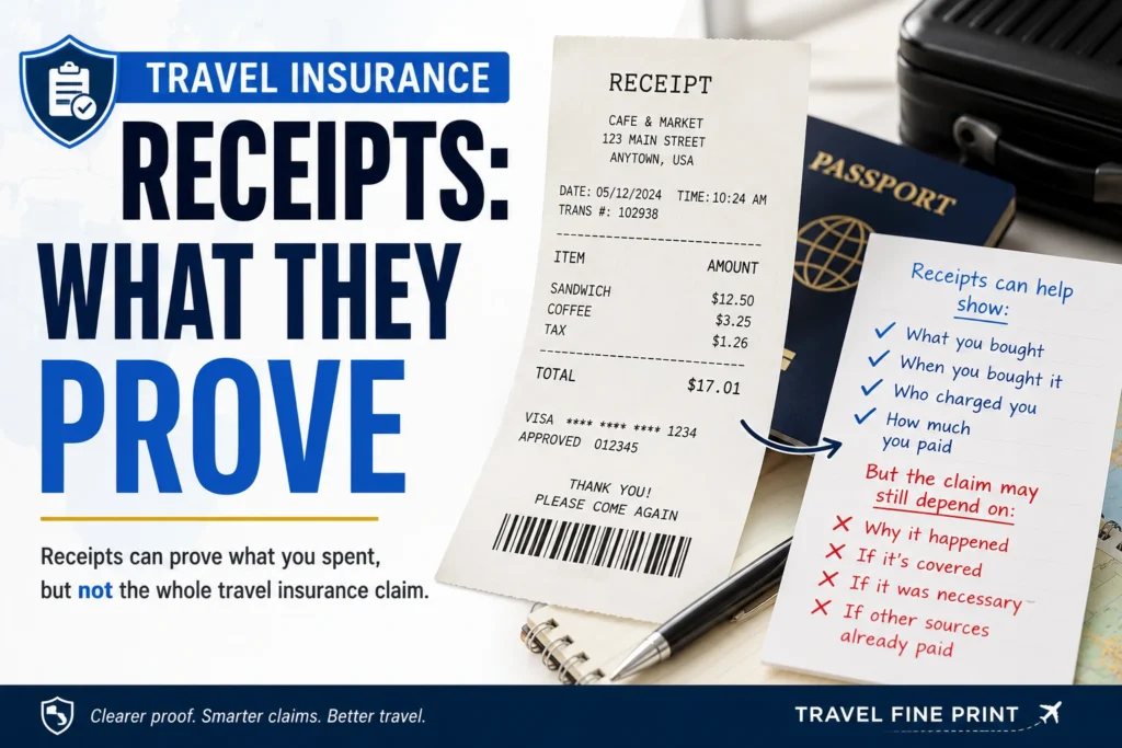 Travel insurance receipts infographic showing a receipt, passport, checklist, and notes explaining what receipts can prove and what a claim may still depend on.