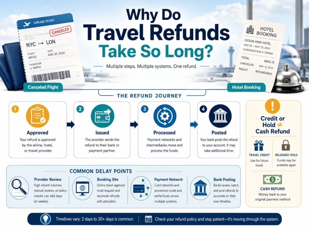 Infographic showing why travel refunds take so long, with airline ticket, hotel booking, refund stages, delay points, travel credit, hold release, and cash refund.