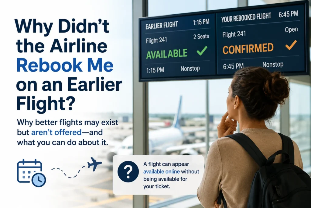 Traveler at an airport looking at flight screens showing an earlier available flight and a later confirmed rebooked flight, illustrating why better flights may not be offered.