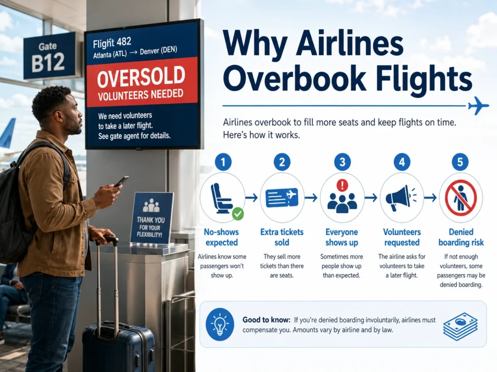 African American traveler at an airport gate with an oversold flight screen and infographic explaining no-shows, extra tickets, volunteers, and denied boarding risk.