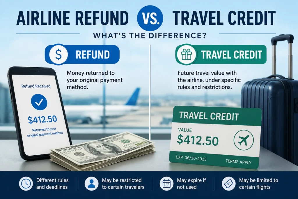 Airline refund versus travel credit comparison showing money returned to the original payment method versus restricted value for future travel.