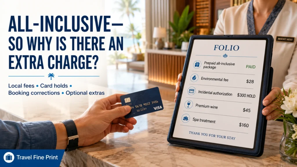 Traveler presenting a credit card at an all-inclusive resort while a folio shows an environmental fee, incidental hold, premium wine, and spa treatment.