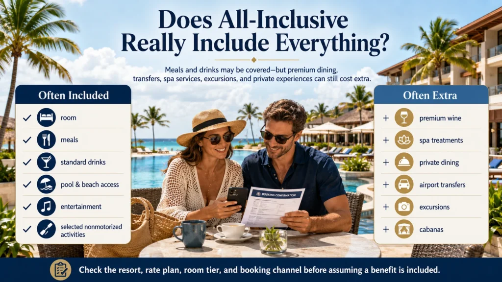 All-inclusive resort infographic comparing commonly included benefits with services that may cost extra, including premium wine, spa treatments, airport transfers, excursions, and cabanas.