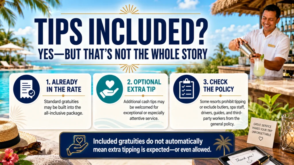 Social media infographic at a tropical all-inclusive resort explaining that gratuities may be included in the rate, extra tips may be welcomed, and resort tipping policies can vary.