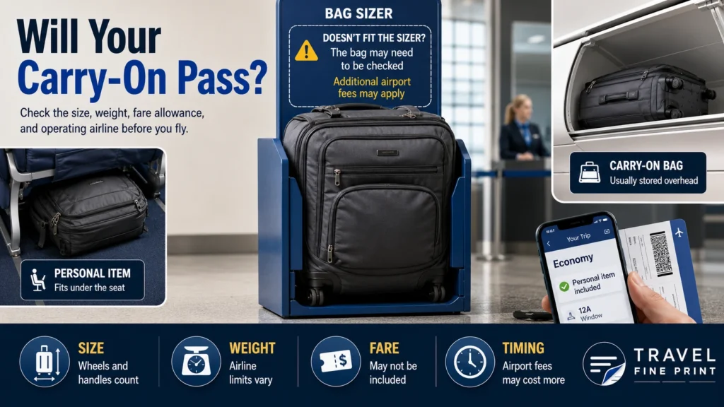 Packed carry-on suitcase inside an airline bag sizer with reminders to check bag size, weight, fare allowance, and airport fee timing.