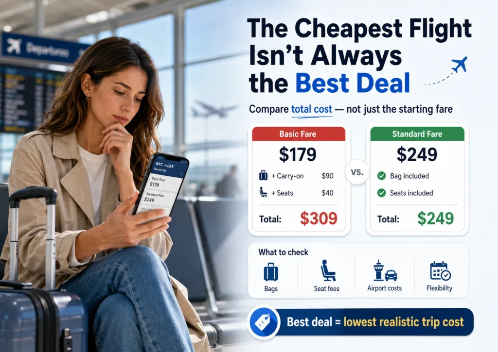 Traveler compares a $179 basic airfare with a $249 standard fare, showing how baggage and seat fees can make the cheaper flight cost more overall.