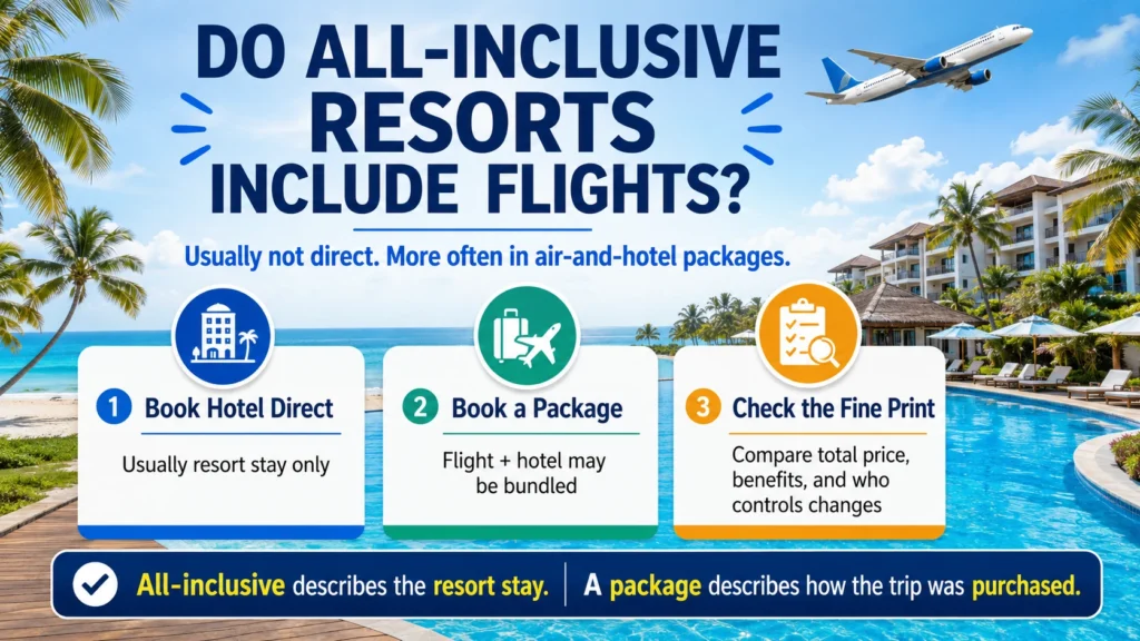 Infographic explaining that all-inclusive resort bookings usually exclude flights when booked directly, while airline and OTA vacation packages may bundle airfare with the hotel.