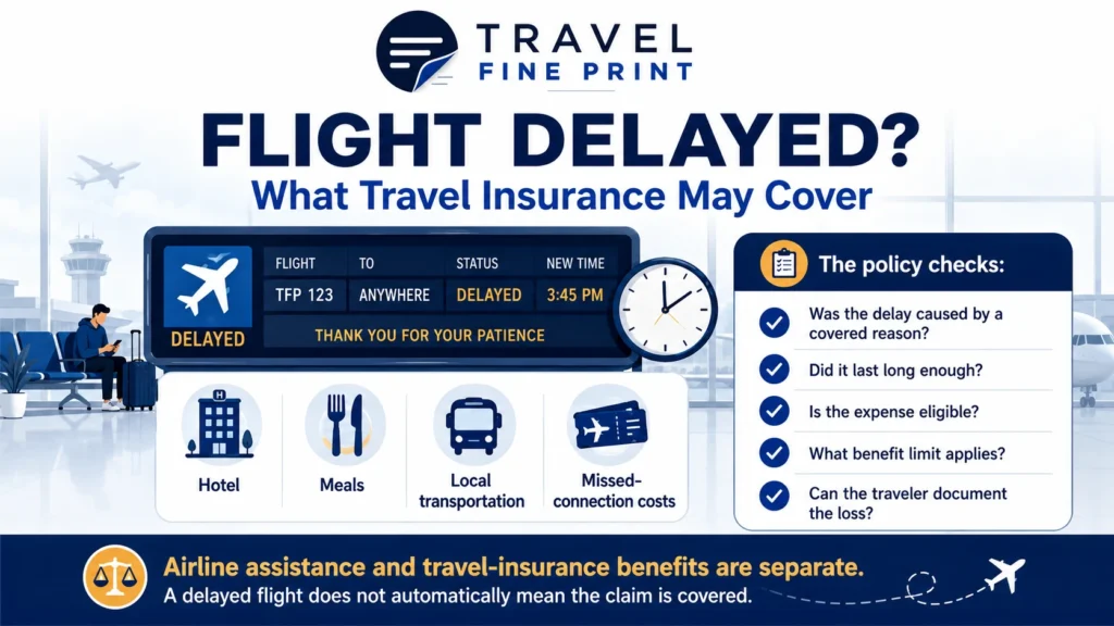 Infographic explaining what travel insurance may cover after a flight delay, including hotels, meals, local transportation, and missed-connection costs, subject to policy requirements and documentation.