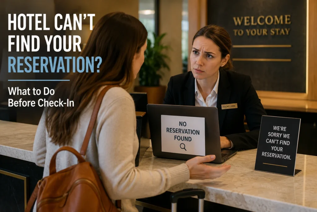 Hotel guest speaking with a front desk employee after the hotel cannot find her reservation in its booking system.
