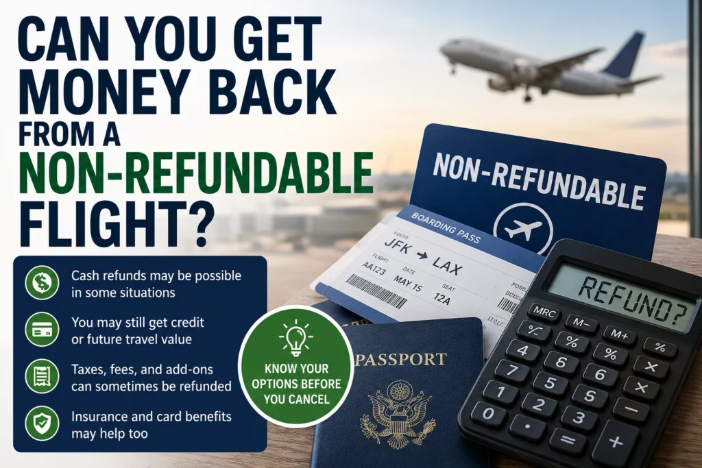 Travel documents, boarding pass, passport, and calculator showing refund options for a non-refundable flight, including cash refunds, travel credits, taxes, fees, add-ons, insurance, and card benefits.