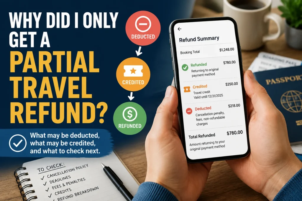 Traveler reviewing a refund summary on a phone showing refunded, credited, and deducted amounts for a partial travel refund, with passport, boarding pass, and checklist nearby.
