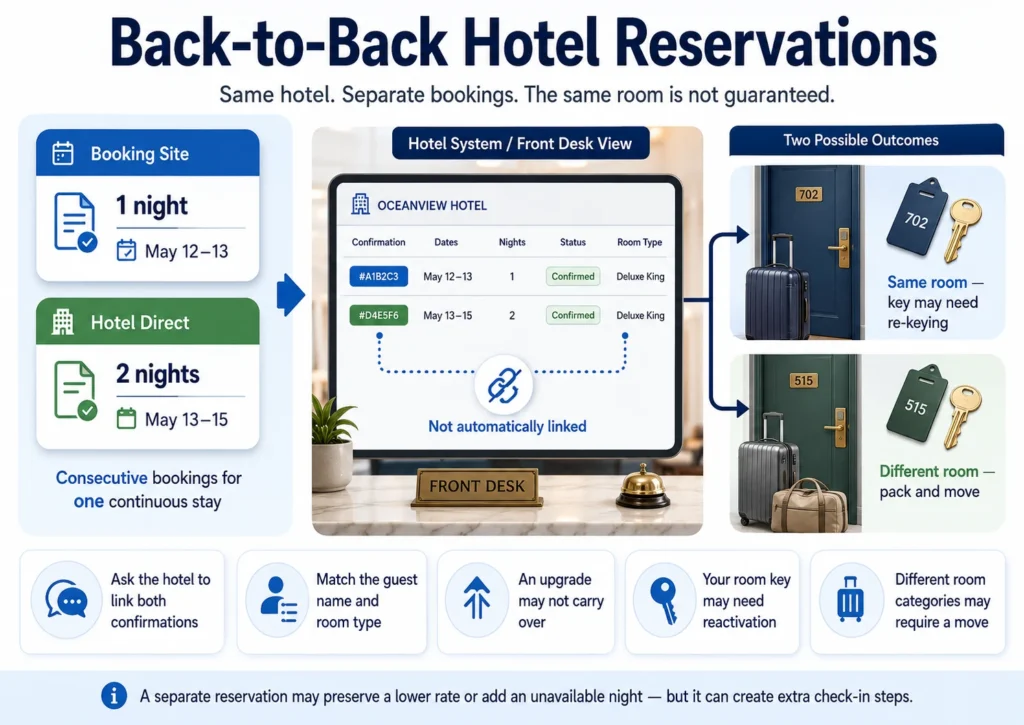 Back-to-back hotel reservations shown as two separate bookings that may require a room-key reset or a mid-stay room change.