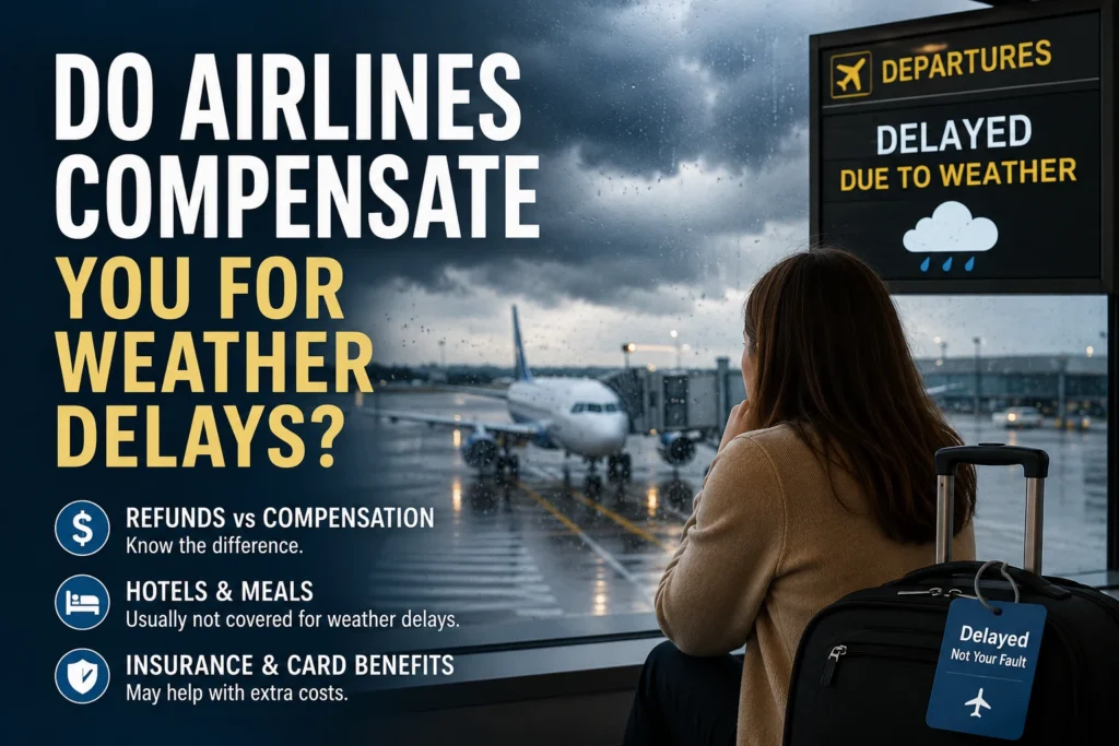 Traveler at an airport window during stormy weather with a delayed flight screen, showing weather delay compensation questions about refunds, hotels, meals, insurance, and card benefits.