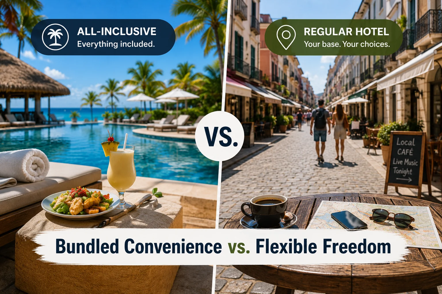 All-inclusive resort compared with a regular hotel for a vacation stay.