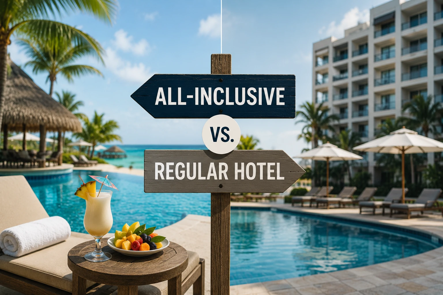 Split comparison of an all-inclusive resort and a regular hotel.