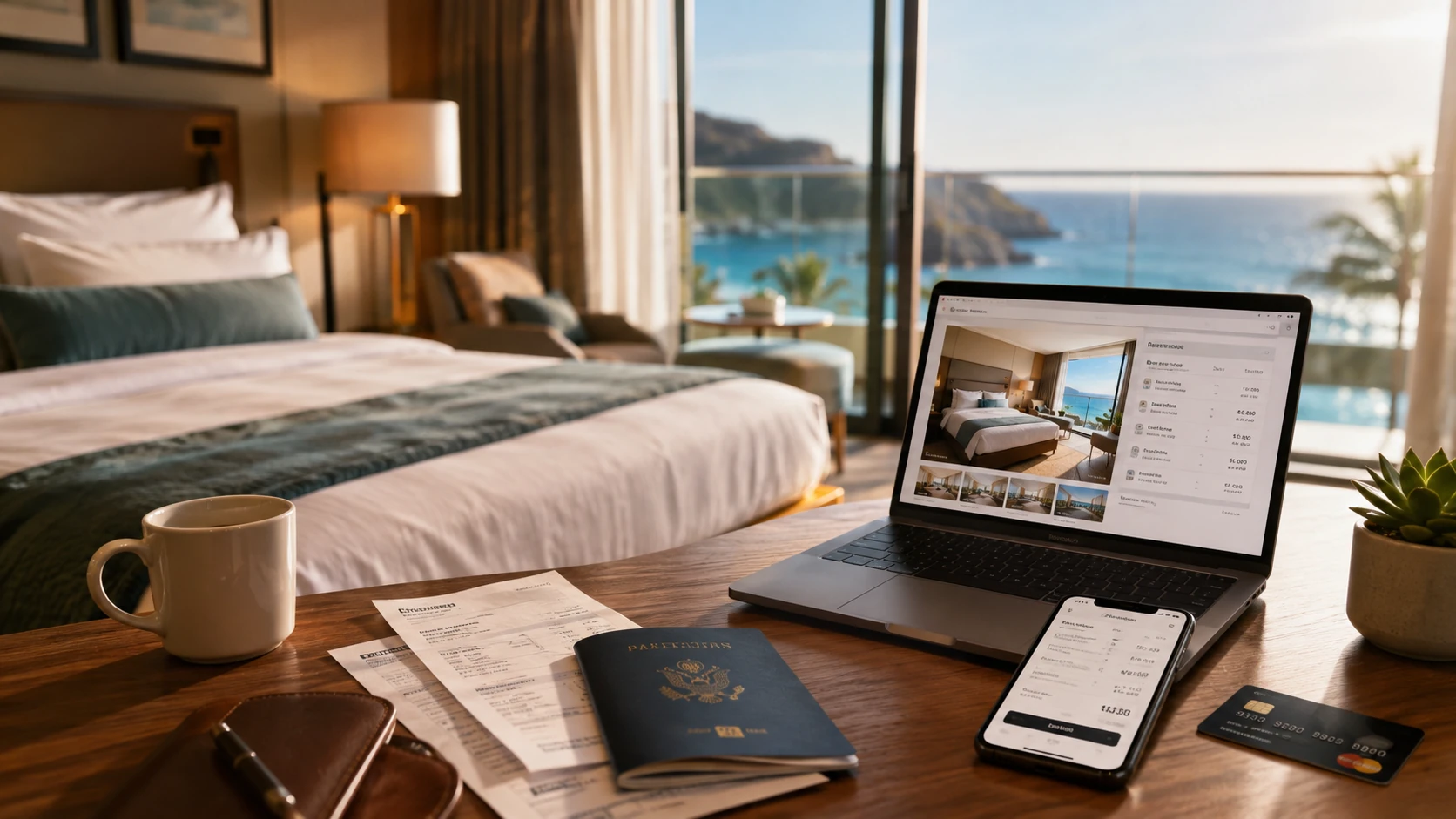 Ocean-view hotel room with booking details representing hotel rates, payment choices, flexibility, and fees.