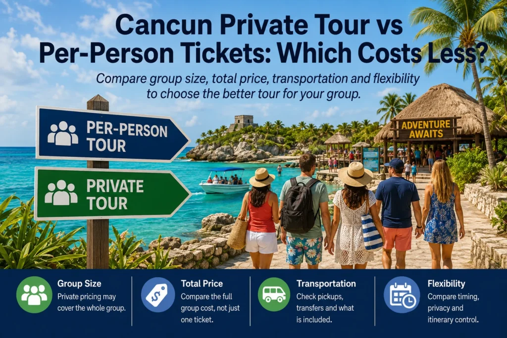 Cancun private tour vs per-person tickets comparison showing travelers, tropical coastline, private and per-person tour signs, and group travel cost factors.