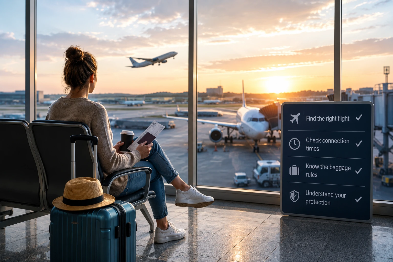 Traveler at an airport reviewing flight information representing connections, baggage, and itinerary planning.