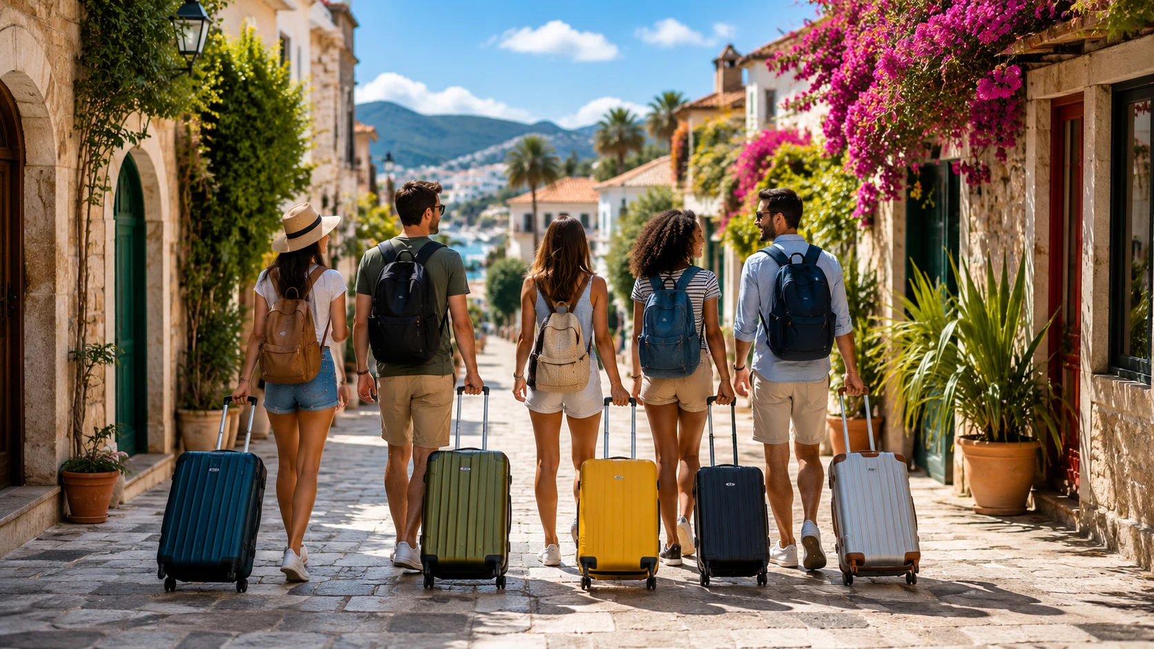 Group of travelers exploring together with luggage representing group travel planning and logistics.