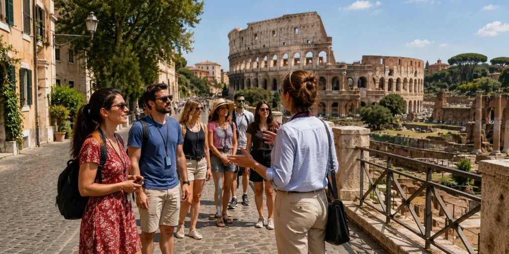 Small group of travelers listening to a guide near the Colosseum in Rome.